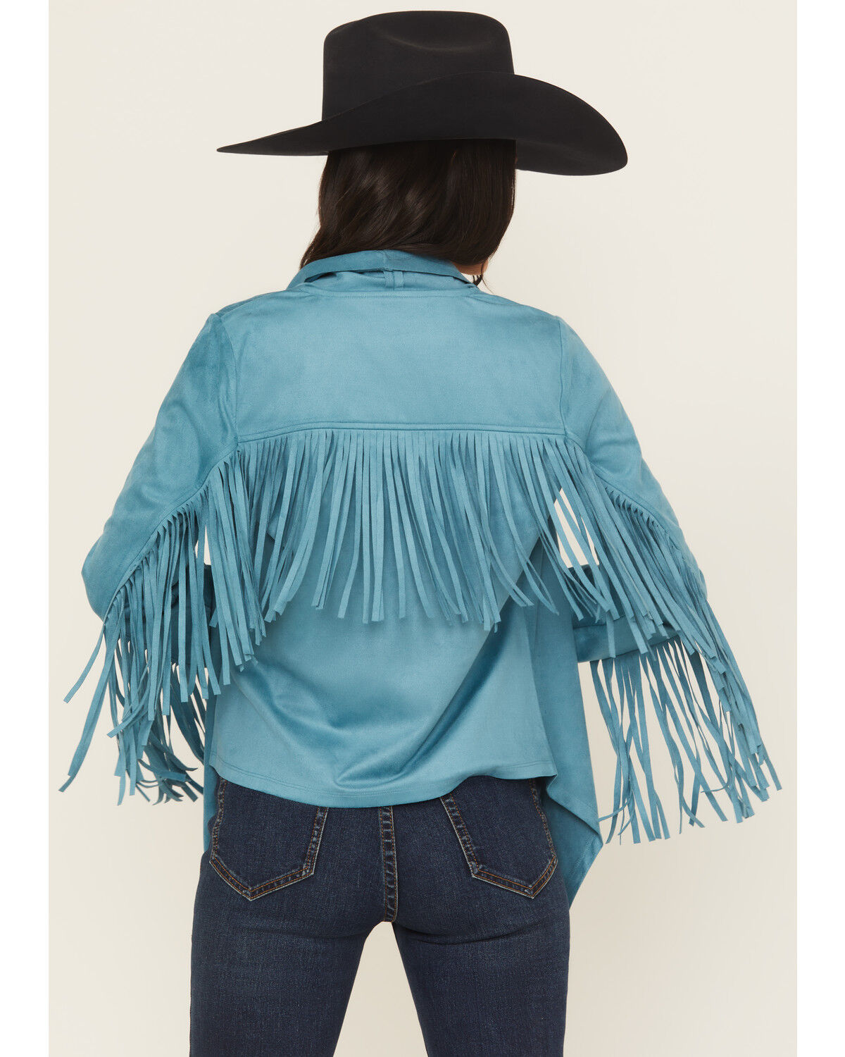 Image #4 - Shyanne Women's Cascade Front Fringe Faux Suede Fringe Jacket, Turquoise, hi-res