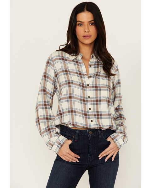 Cleo + Wolf Women's Amy Plaid Print Button-Up Cropped Long Sleeve Flannel Shirt , Cream, hi-res