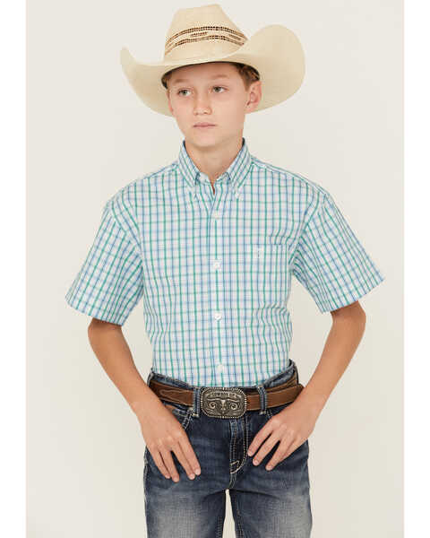 Image #1 - Panhandle Boys' Plaid Print Short Sleeve Button-Down Western Shirt , Aqua, hi-res