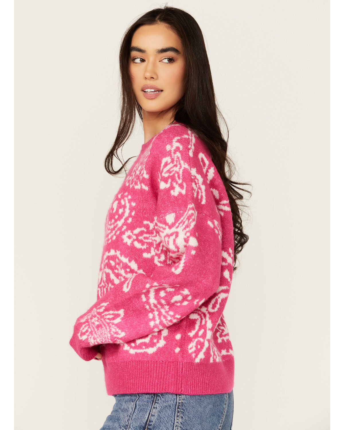 Image #2 - Very J Women's Paisley Print Sweater, Pink, hi-res