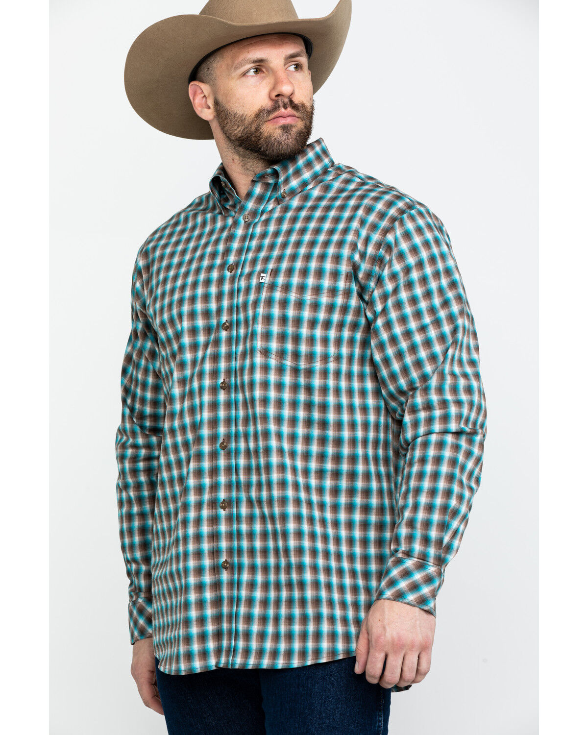 Image #5 - Tuf Cooper Men's Competition Brown Check Plaid Long Sleeve Western Shirt, Brown, hi-res