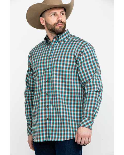 Tuf Cooper Men's Competition Brown Check Plaid Long Sleeve Western Shirt , Brown, hi-res