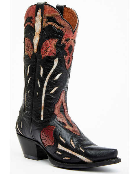 Dan Post Women's Alyssia Floral Leather Tall Western Boots - Snip Toe, Black, hi-res