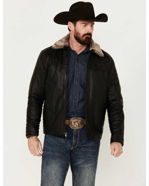 Image #1 - Scully Men's Leather Fur Collar Jacket , Black, hi-res