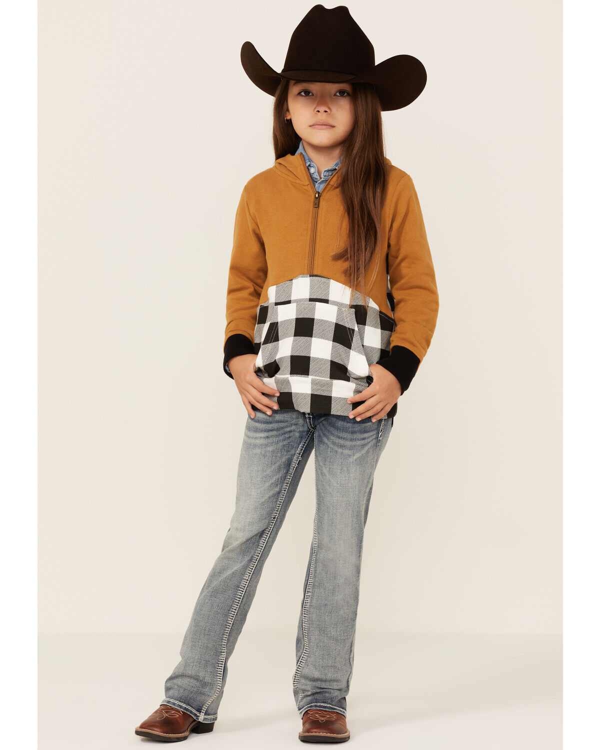 Image #2 - Ampersand Avenue Infant and Toddler's Buffalo Check 1/2 Zip Hooded Pullover, Camel, hi-res