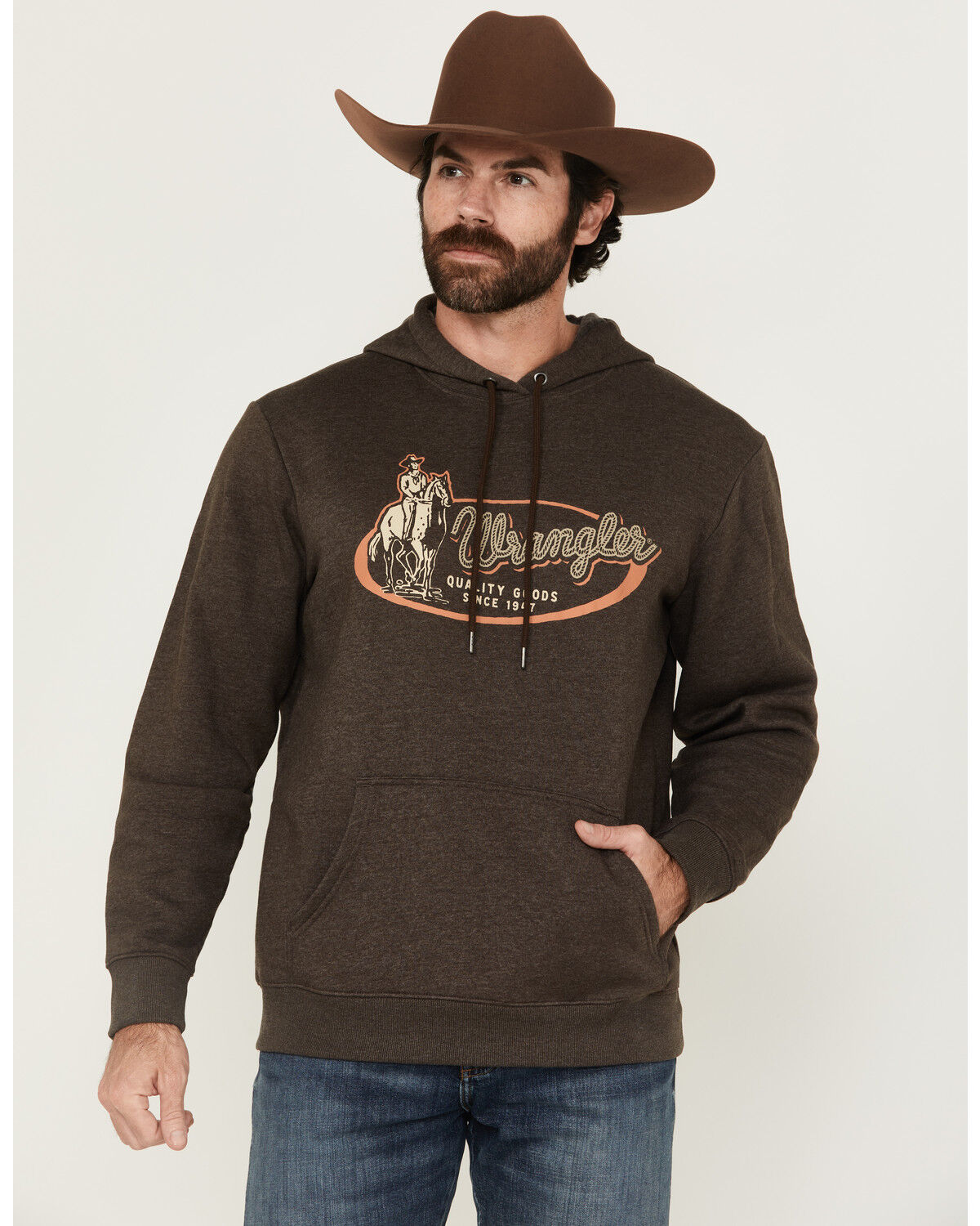 Image #1 - Wrangler Men's Cowboy and Rope Logo Graphic Hooded Sweatshirt, Brown, hi-res