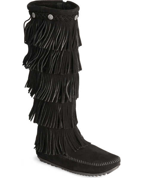 Minnetonka Fringed Suede Leather Boots, Black, hi-res