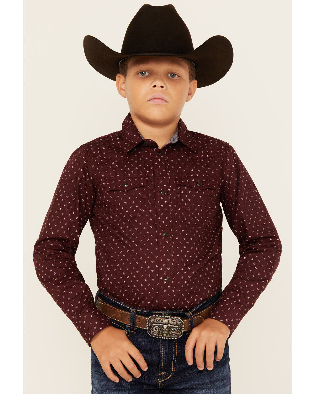 Image #1 - Cody James Boys' Williams Geo Print Long Sleeve Snap Western Shirt, Burgundy, hi-res