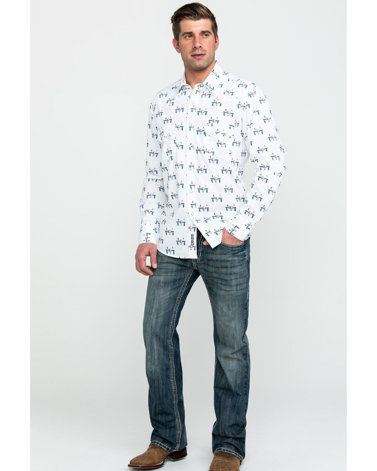 Image #6 - Rock & Roll Denim Men's Bull Skull Print Long Sleeve Western Shirt, , hi-res