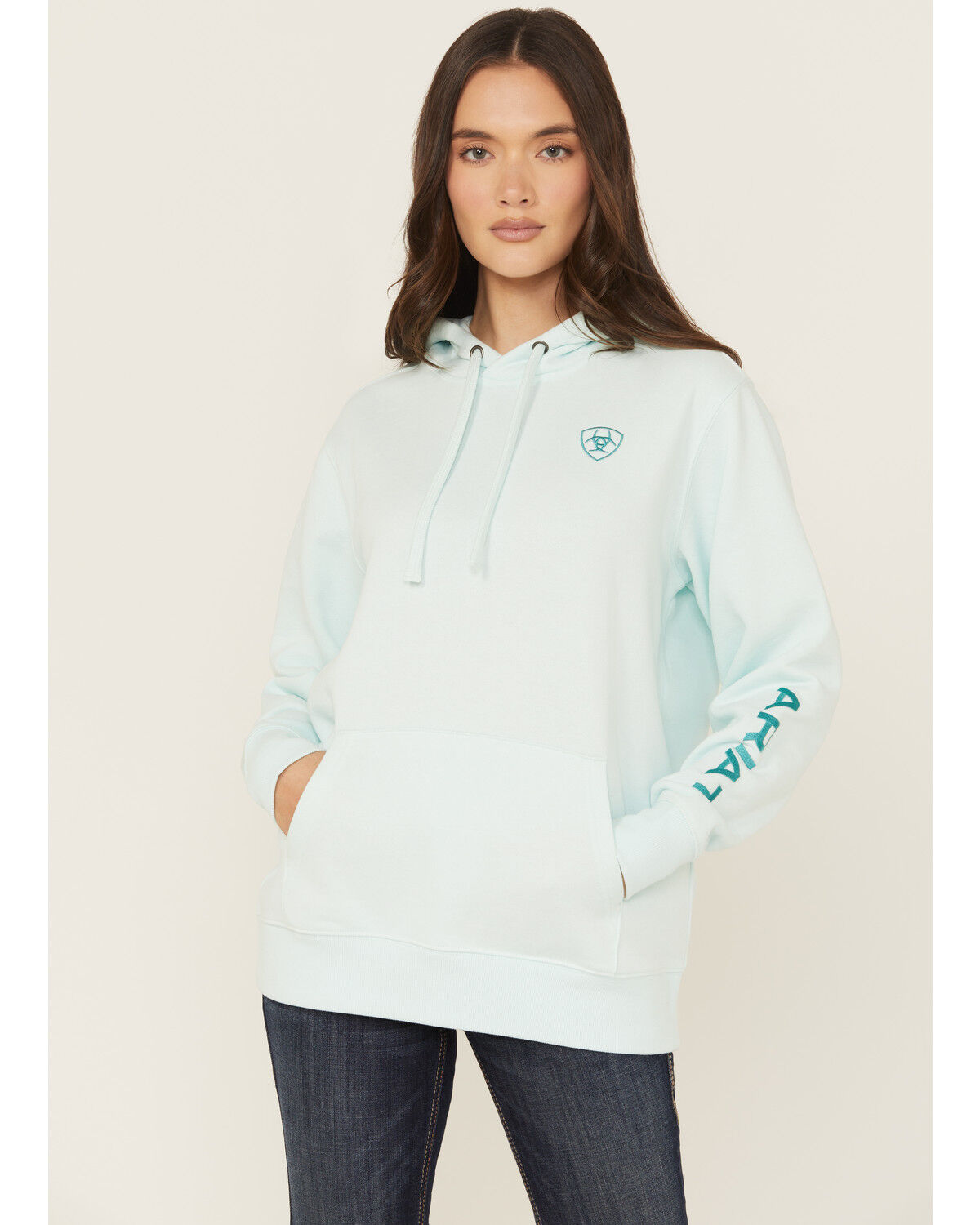 Image #1 - Ariat Women's Boot Barn Exclusive Logo Hoodie, Teal, hi-res