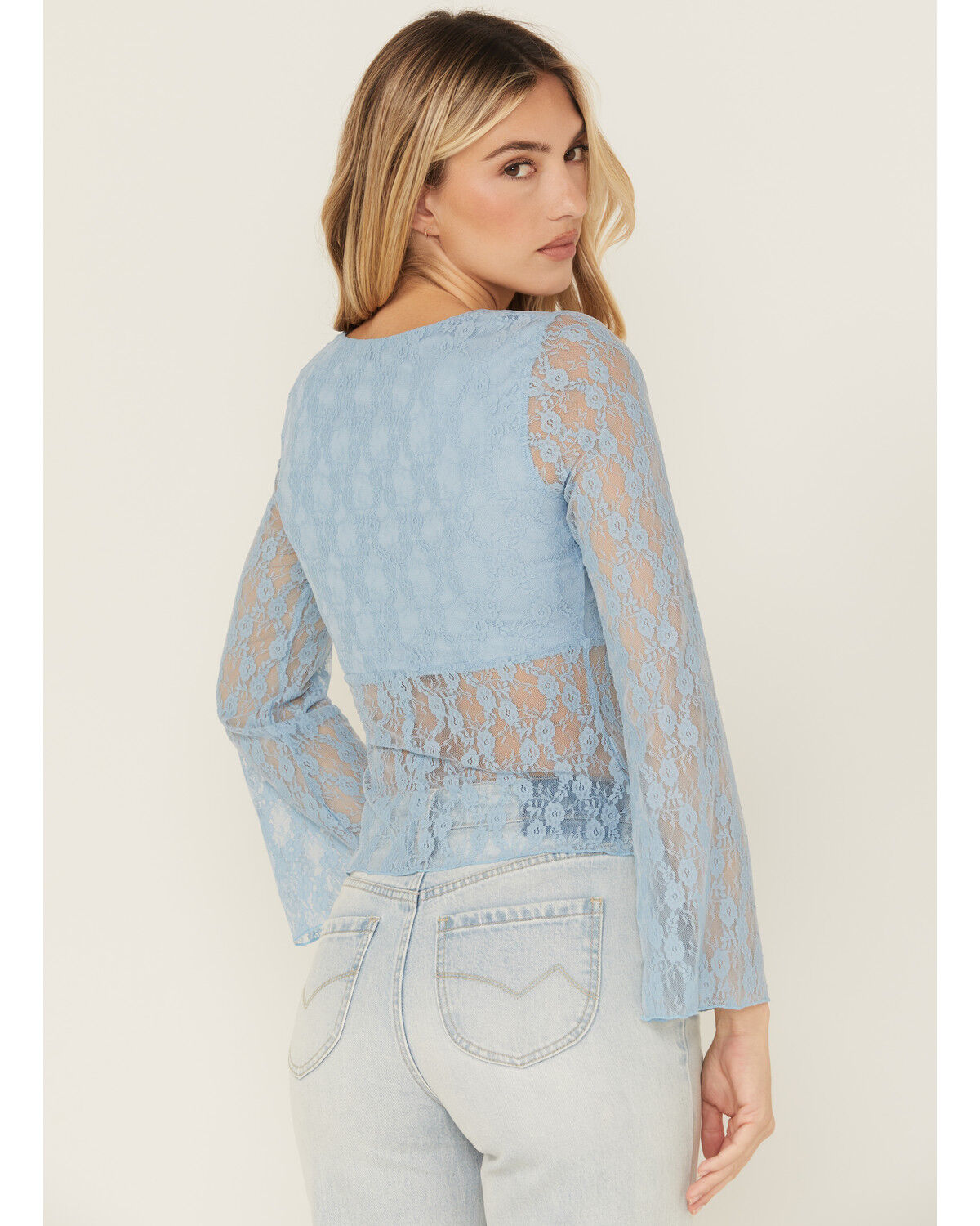 Trixxi Women's Solid Lace Long Bell Sleeve Shirt - Country