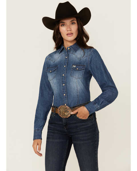 Cinch Women's Denim Long Sleeve Snap Western Shirt , Blue, hi-res