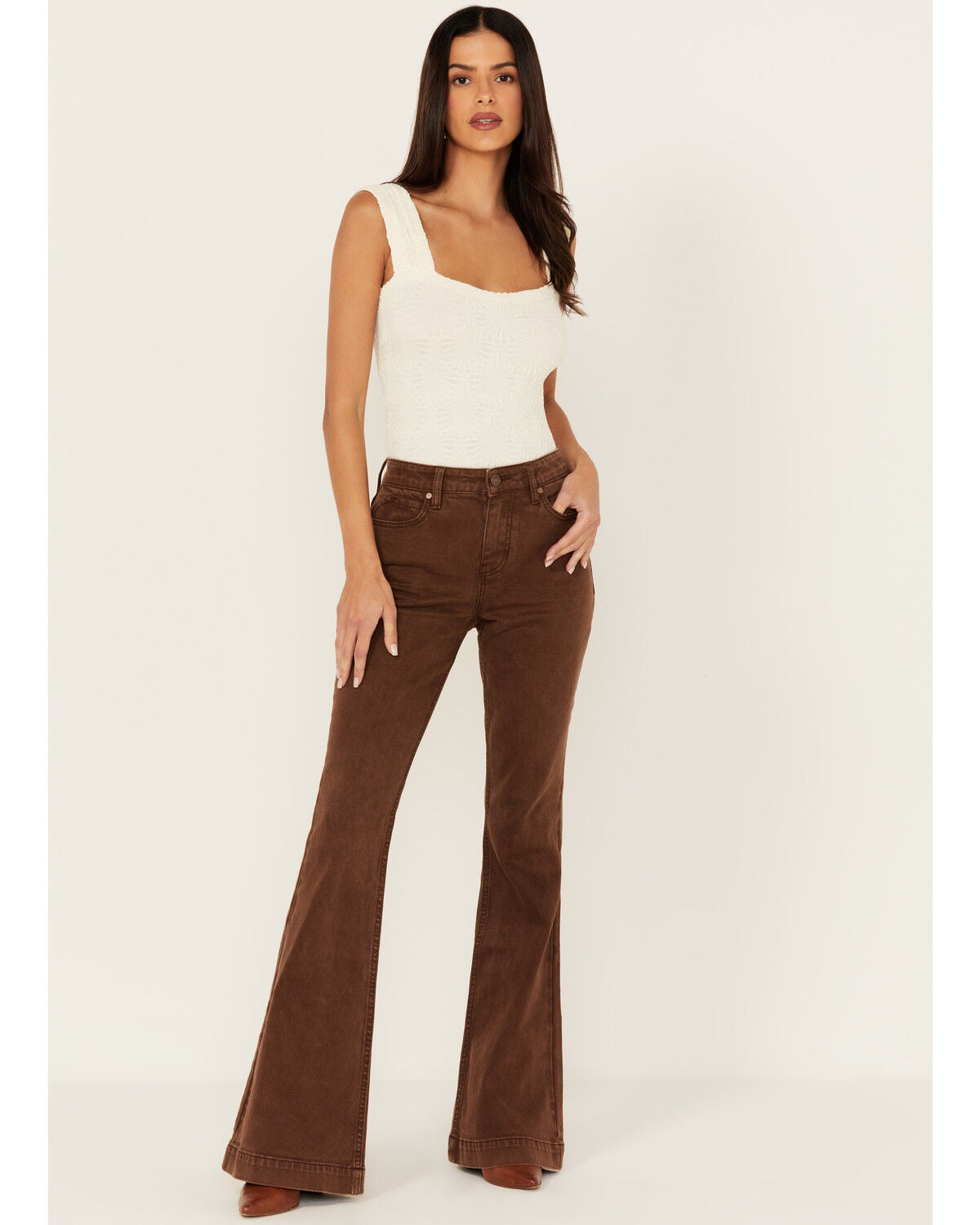 Shyanne Women's Pinecone High Rise Stretch Flare Jeans, Medium Brown, hi-res