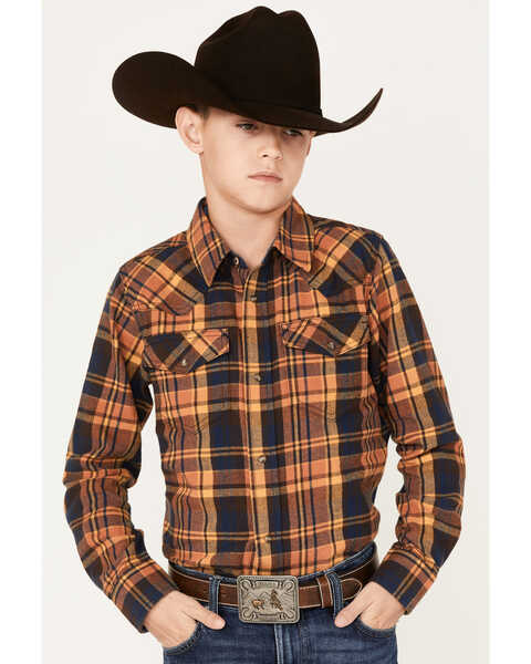 Cody James Boys' Plaid Print Long Sleeve Snap Western Flannel Shirt, Brown, hi-res