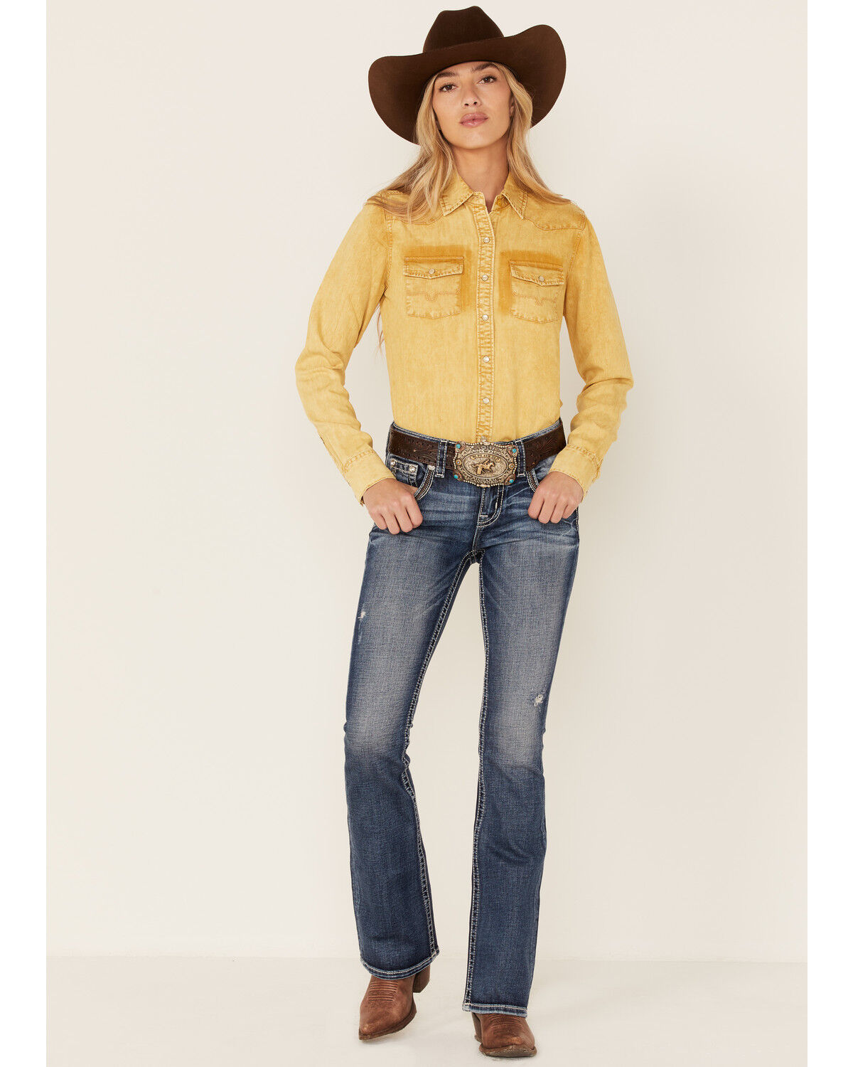 Image #4 - Kimes Ranch Women's Kaycee Denim Long Sleeve Pearl Snap Western Core Shirt, Camel, hi-res