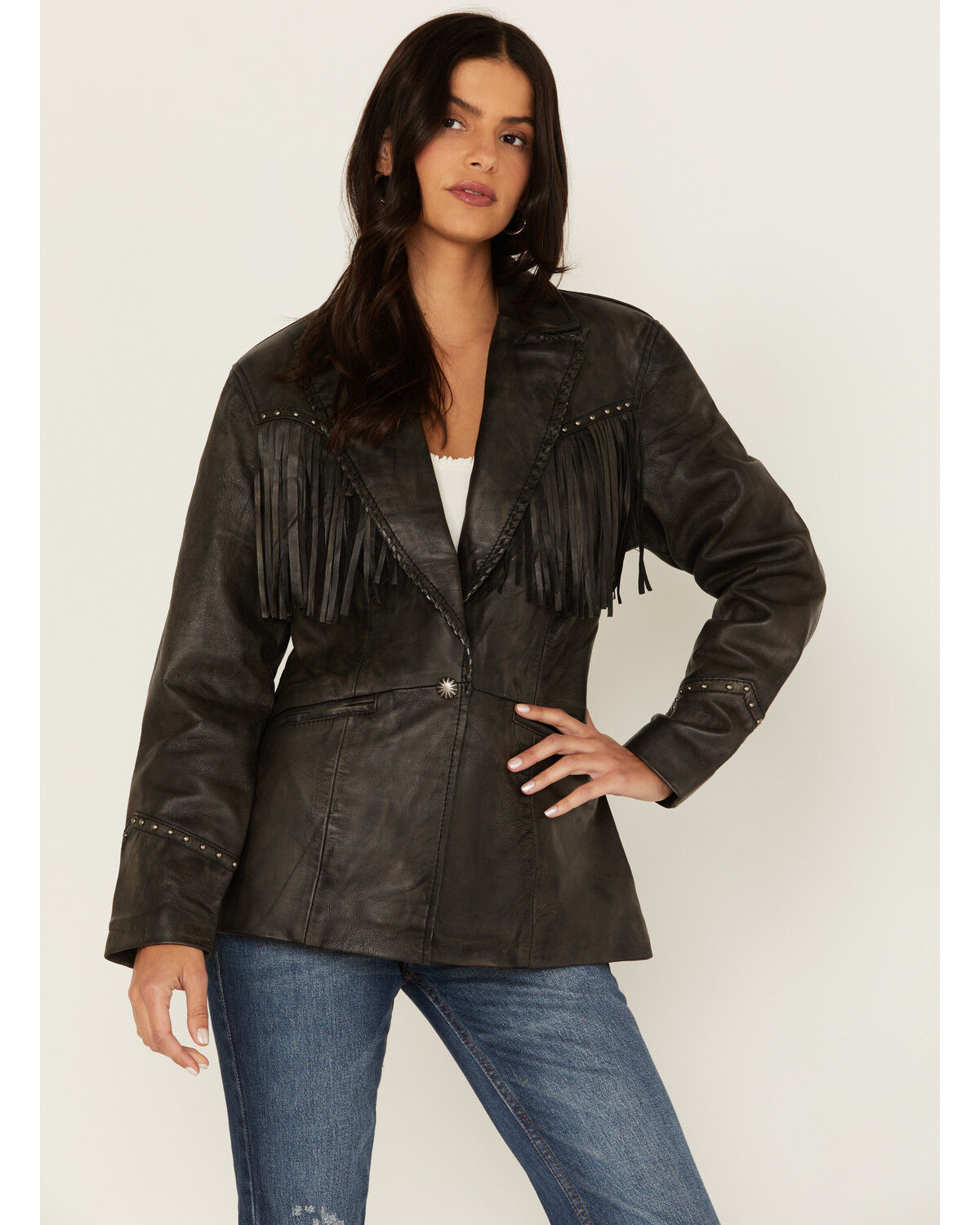 Image #1 - Cripple Creek Women's Antique Studded Fringe Lamb Nappa Snap Blazer, Black, hi-res