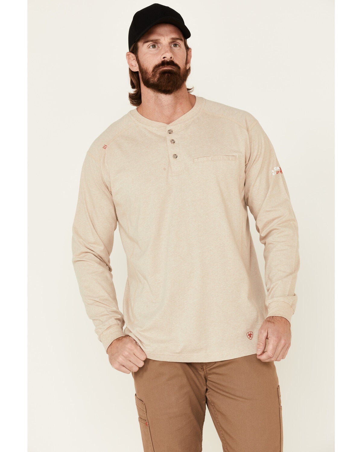 Ariat Men's FR Air Long Sleeve Work Long Sleeve Henley Shirt - Tall, Sand, hi-res