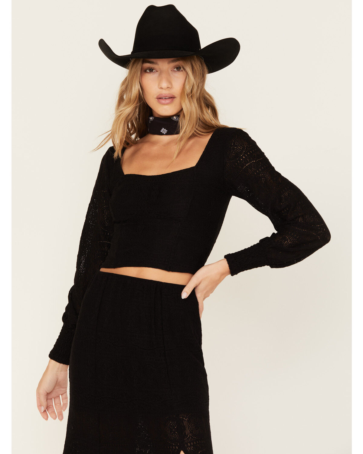 Image #1 - Idyllwind Women's Dallas Smocked Lace Crop Top, Black, hi-res