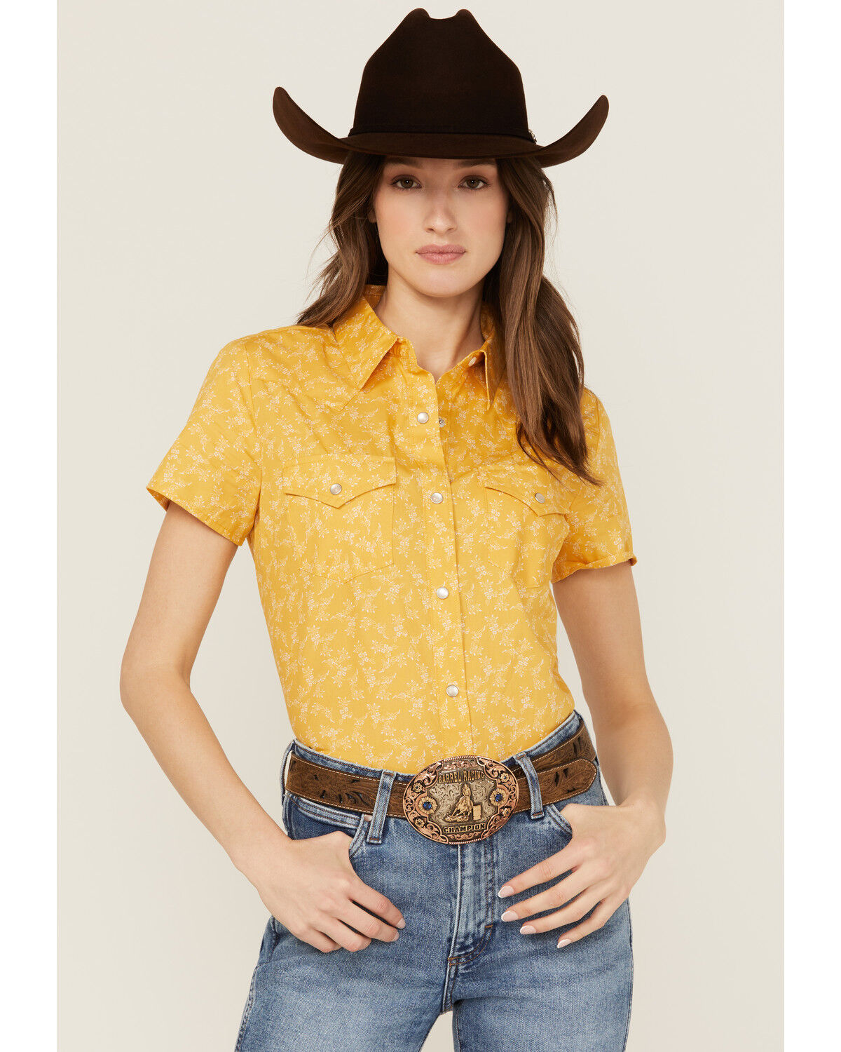 Image #1 - Wrangler Retro Women's Floral Print Short Sleeve Pearl Snap Western Shirt, Yellow, hi-res