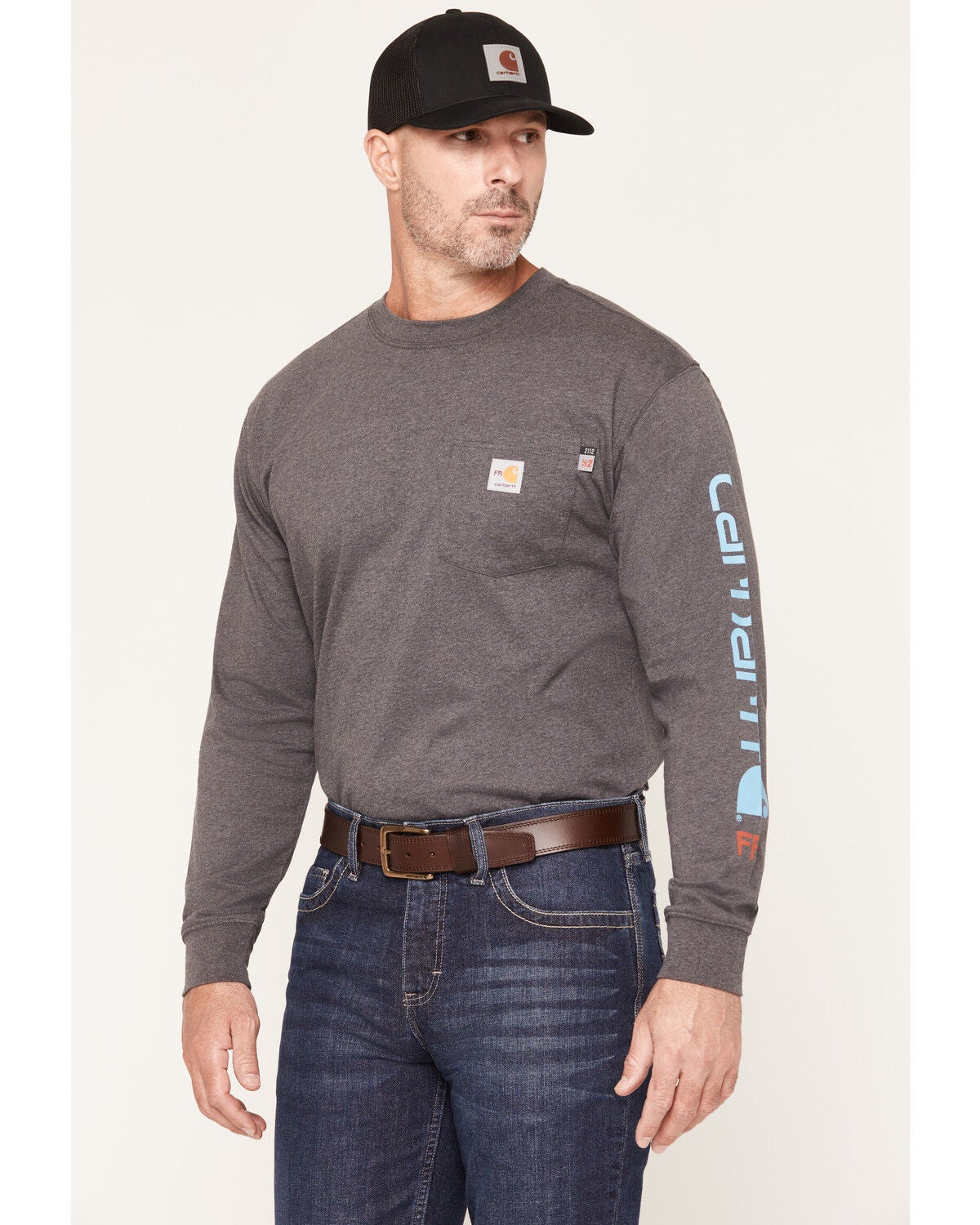 Image #1 - Carhartt Men's FR Loose Fit Midweight Logo Long Sleeve Graphic Work Shirt, Charcoal, hi-res