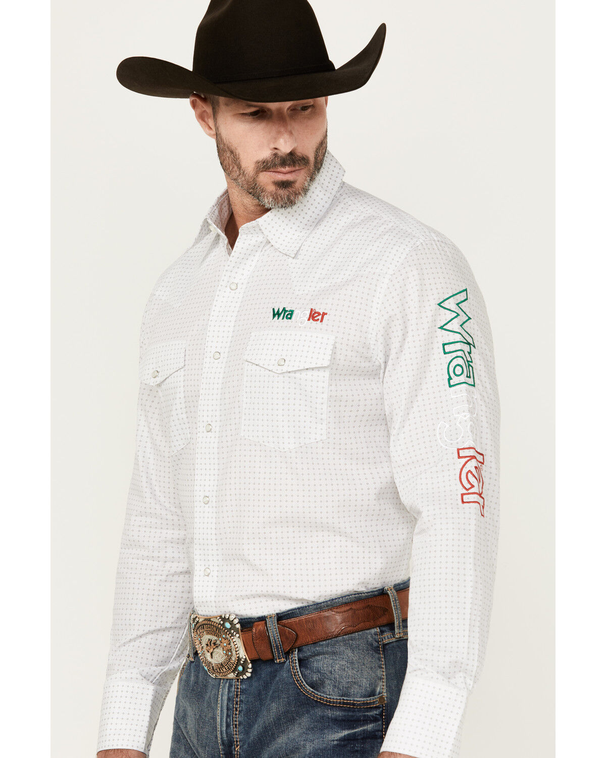 Image #2 - Wrangler Men's Mexico Logo Geo Print Long Sleeve Snap Western Shirt, White, hi-res