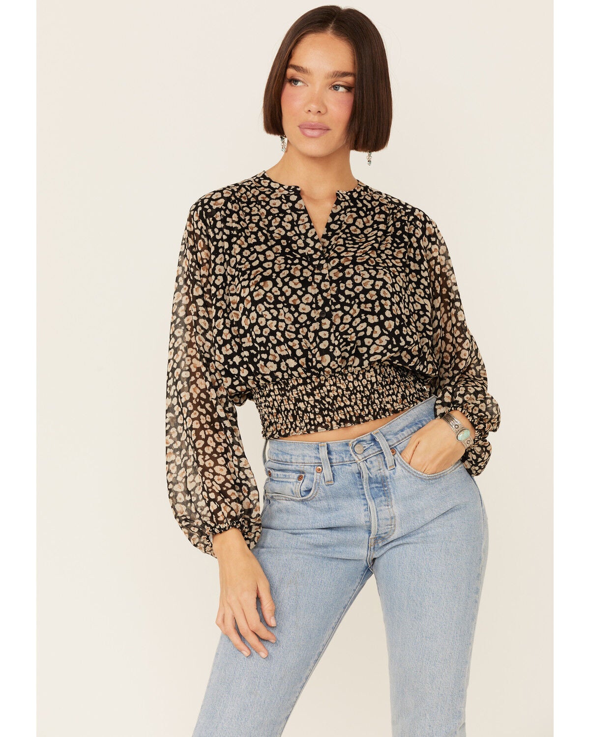 Lush Women's Floral Cropped Blouse, Black, hi-res