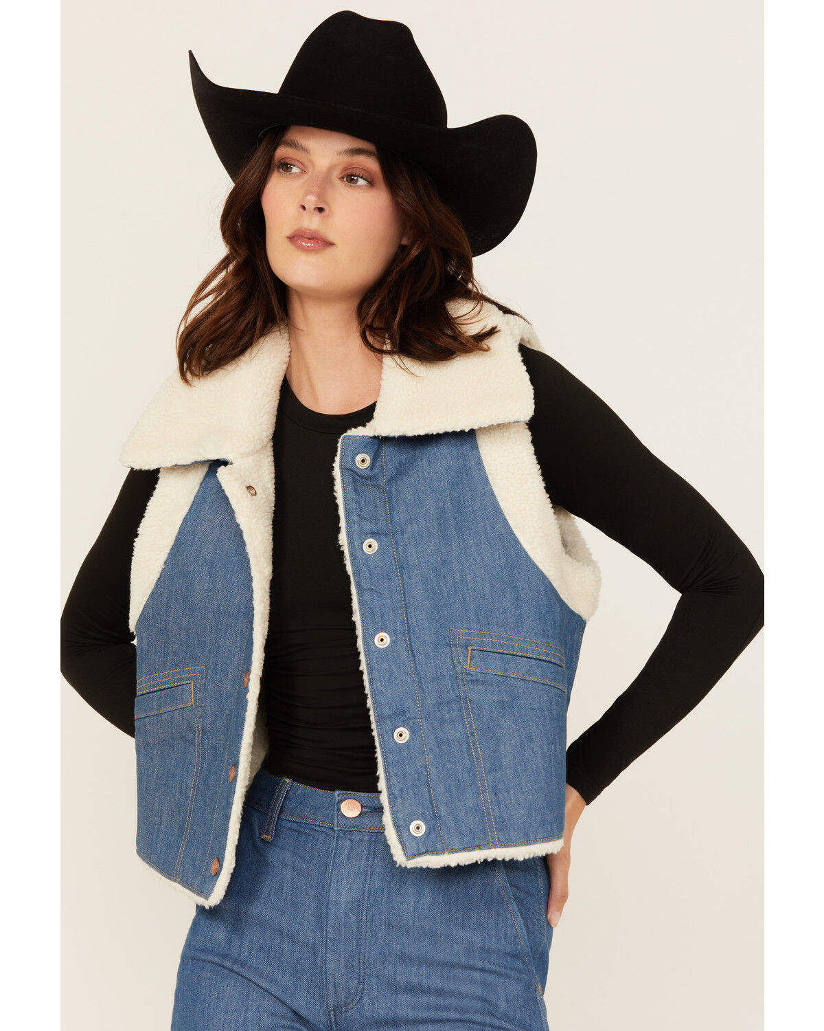 Image #2 - Wrangler Women's Sherpa Lined Denim Vest, Blue, hi-res
