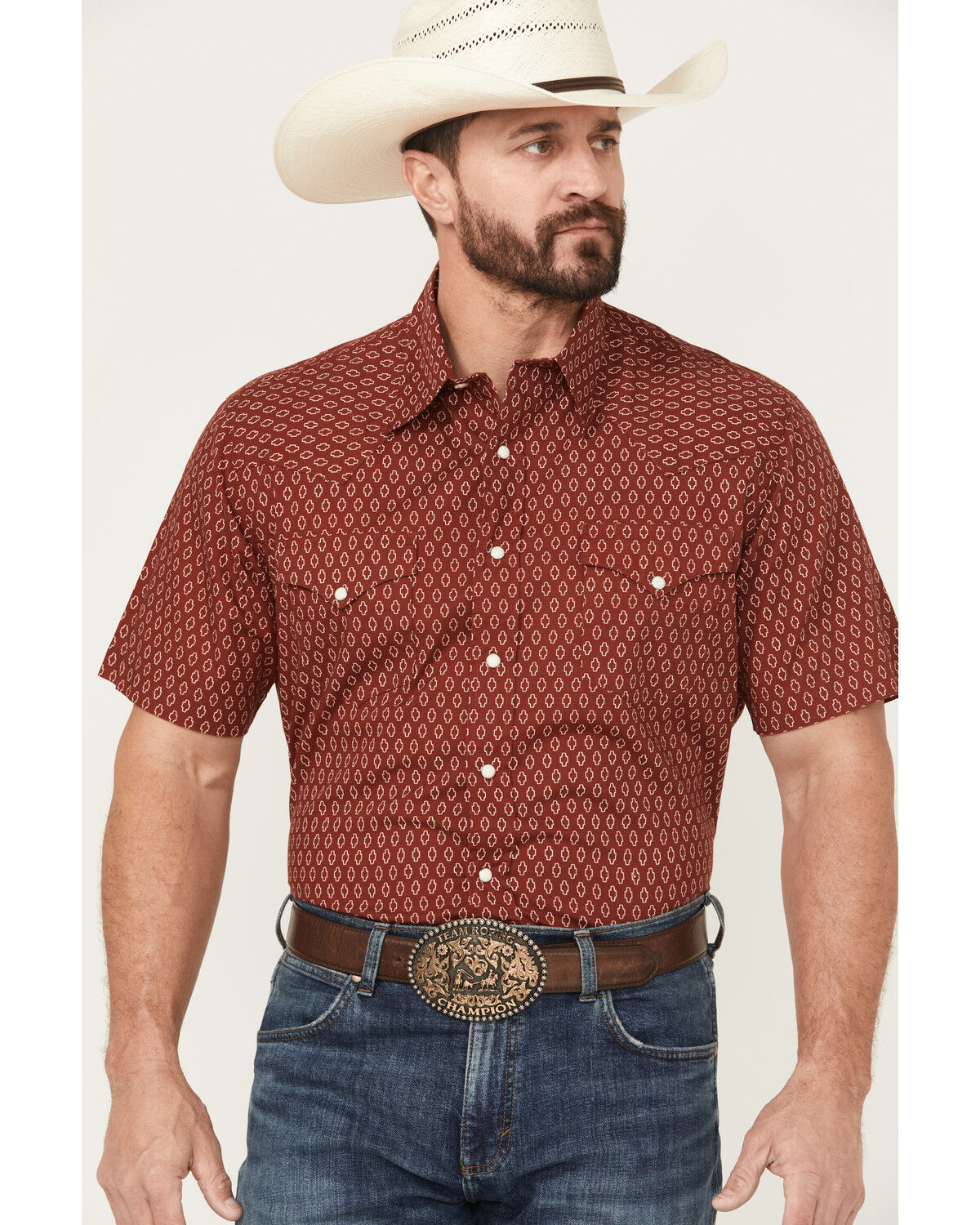 Image #1 - Roper Men's Geo Print Short Sleeve Snap Western Shirt, Red, hi-res