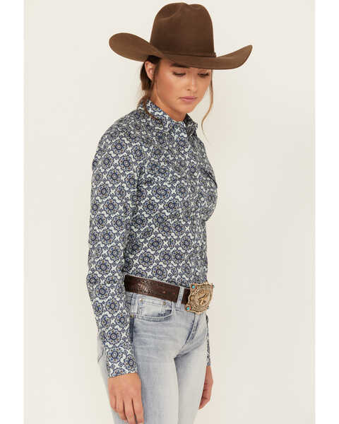 Image #2 - Cinch Women's Tile Print Long Sleeve Western Snap Shirt, Blue, hi-res
