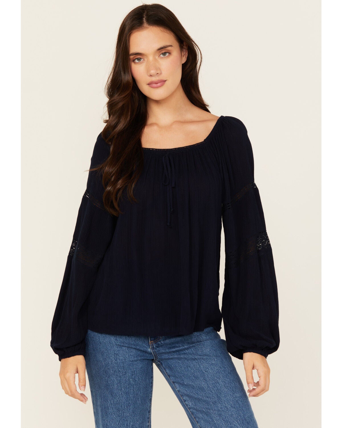 Jolt Women's Lace Trim Long Sleeve Peasant Top, Navy, hi-res
