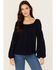 Image #1 - Jolt Women's Lace Trim Long Sleeve Peasant Top, Navy, hi-res