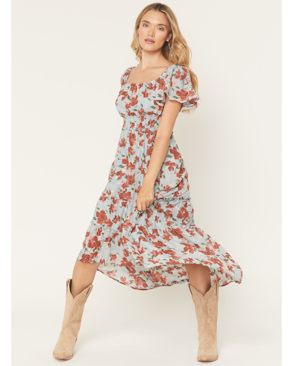 Image #1 - Wild Moss Women's Floral Print Ruffle Midi Dress, Blue, hi-res