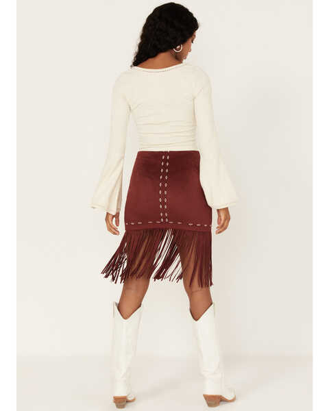 Image #3 - Shyanne Women's Embroidered Southwestern Fringe Mini Skirt, Wine, hi-res