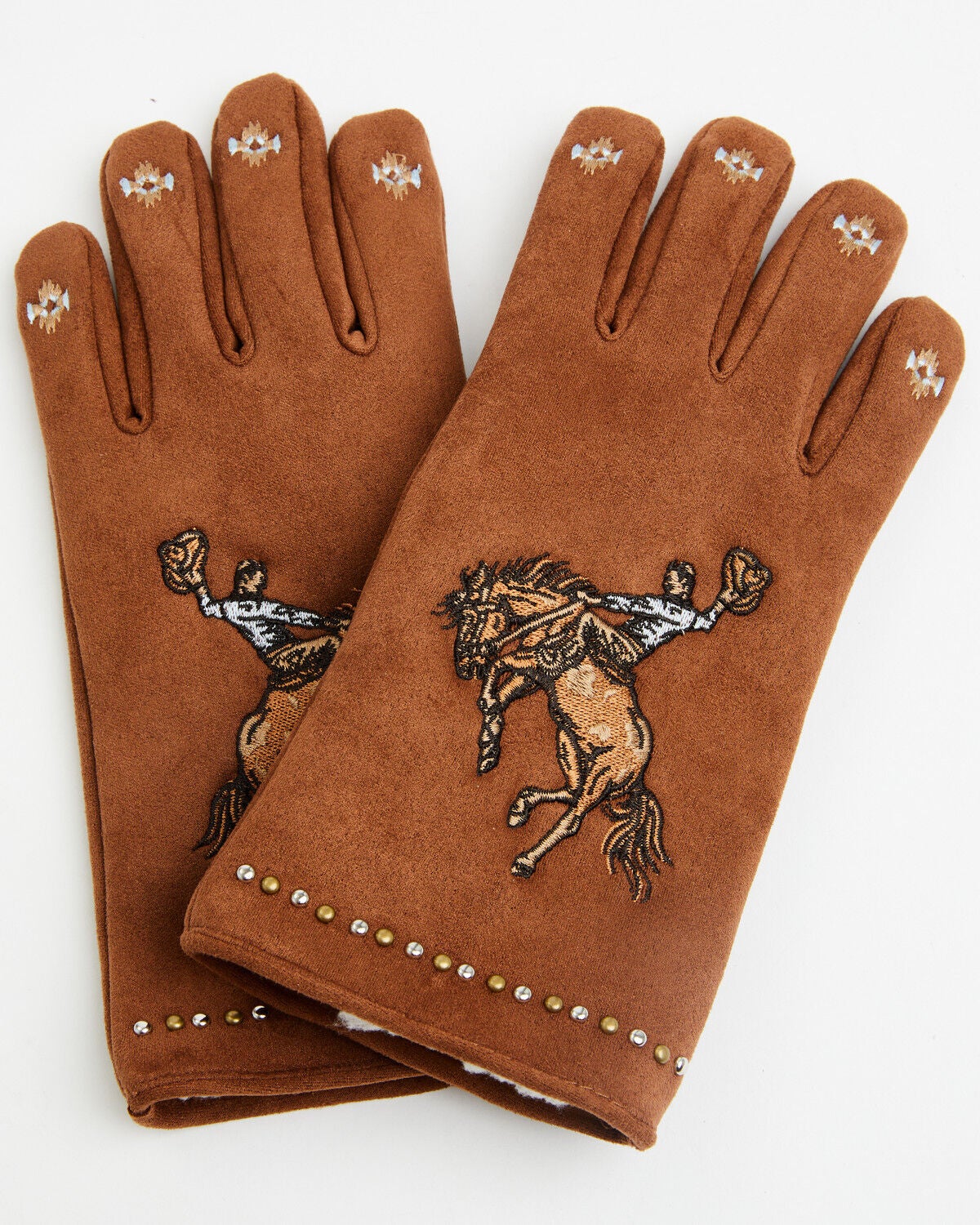 Image #1 - Idyllwind Women's Fireside Embroidered Cowboy Faux Suede Gloves, Brown, hi-res