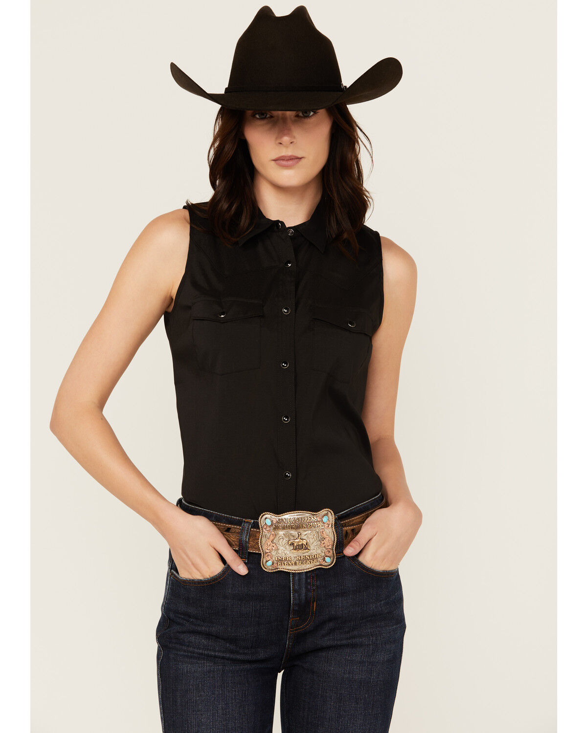 Image #1 - Shyanne Women's Vented Back Yoke Sleeveless Performance Stretch Riding Shirt, Black, hi-res