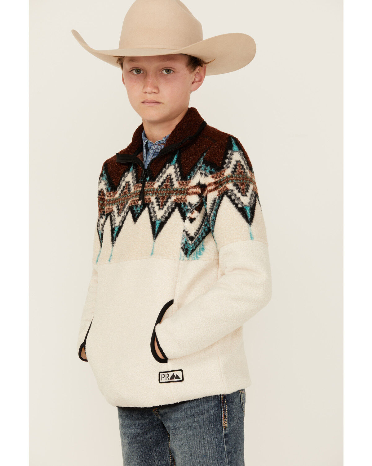 Image #2 - Powder River Outfitters Boys' Southwestern Print Sherpa Pullover, Brown, hi-res