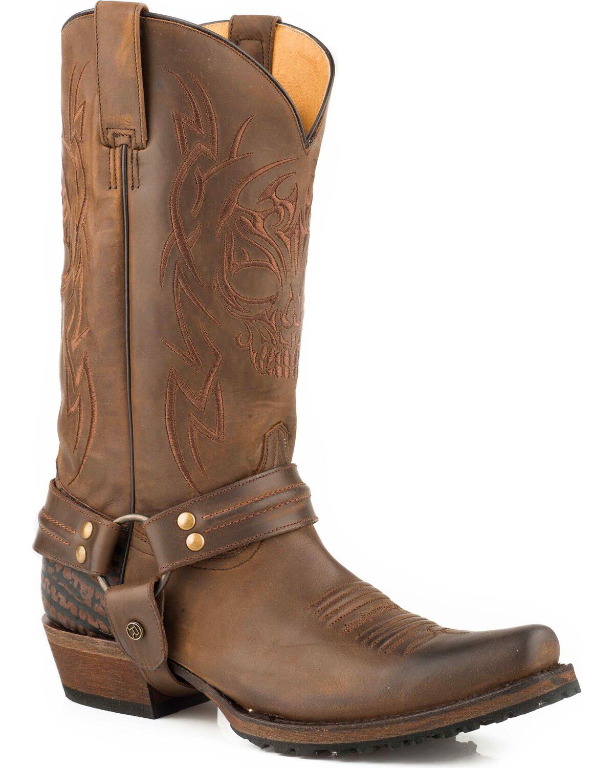 Roper Men's Skull Oily Leather Harness Boots - Bandit Toe, Brown, hi-res