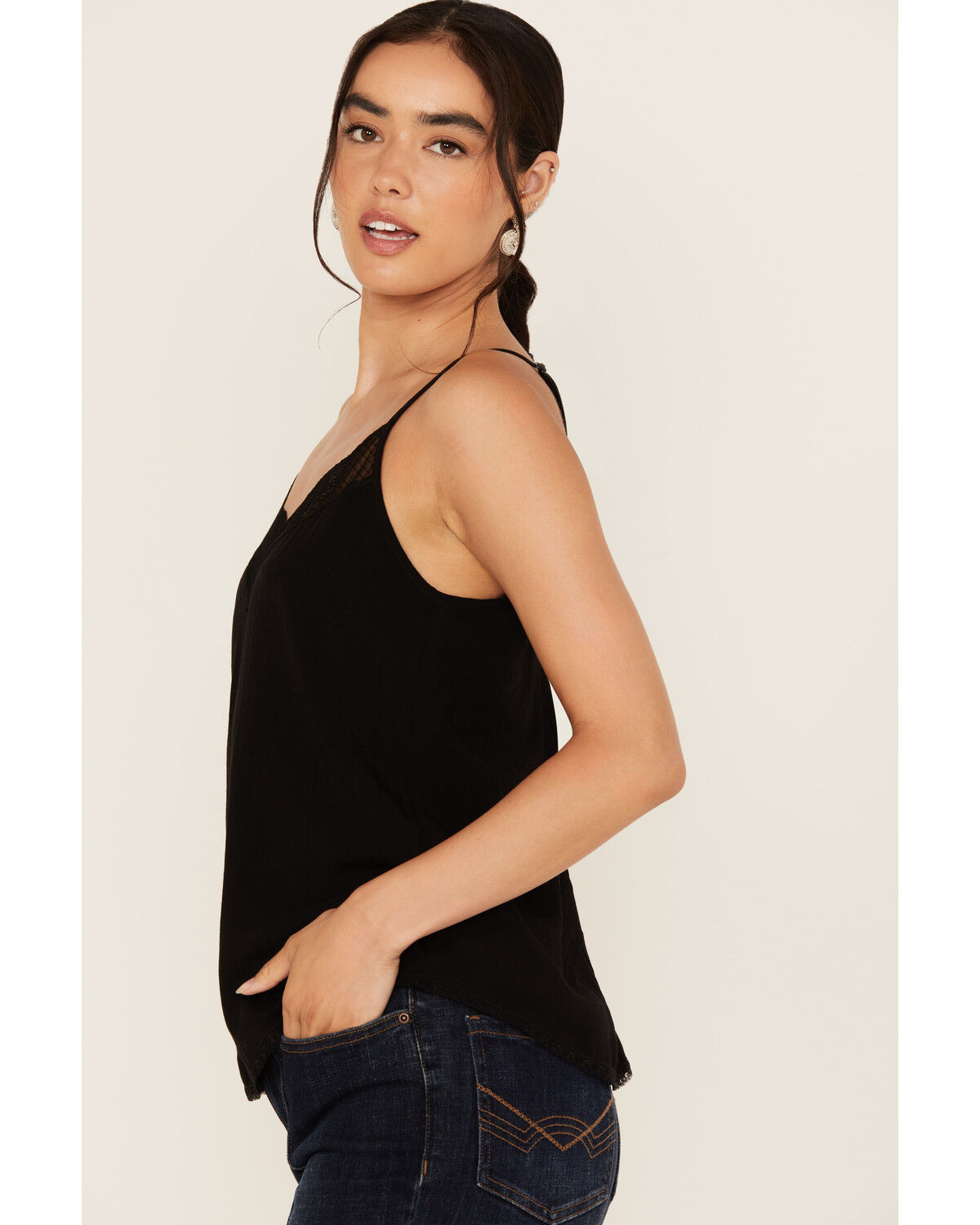 Image #2 - Idyllwind Women's Randa Solid Lace Trim Cami Tank, Black, hi-res