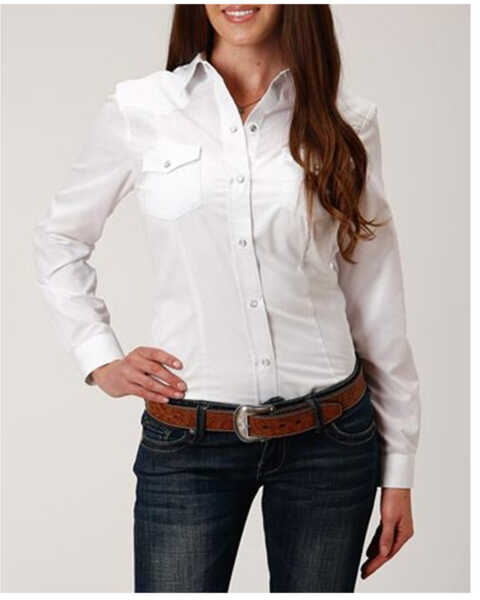 Roper Women's Solid Long Sleeve Pearl Snap Western Shirt - Plus, White, hi-res