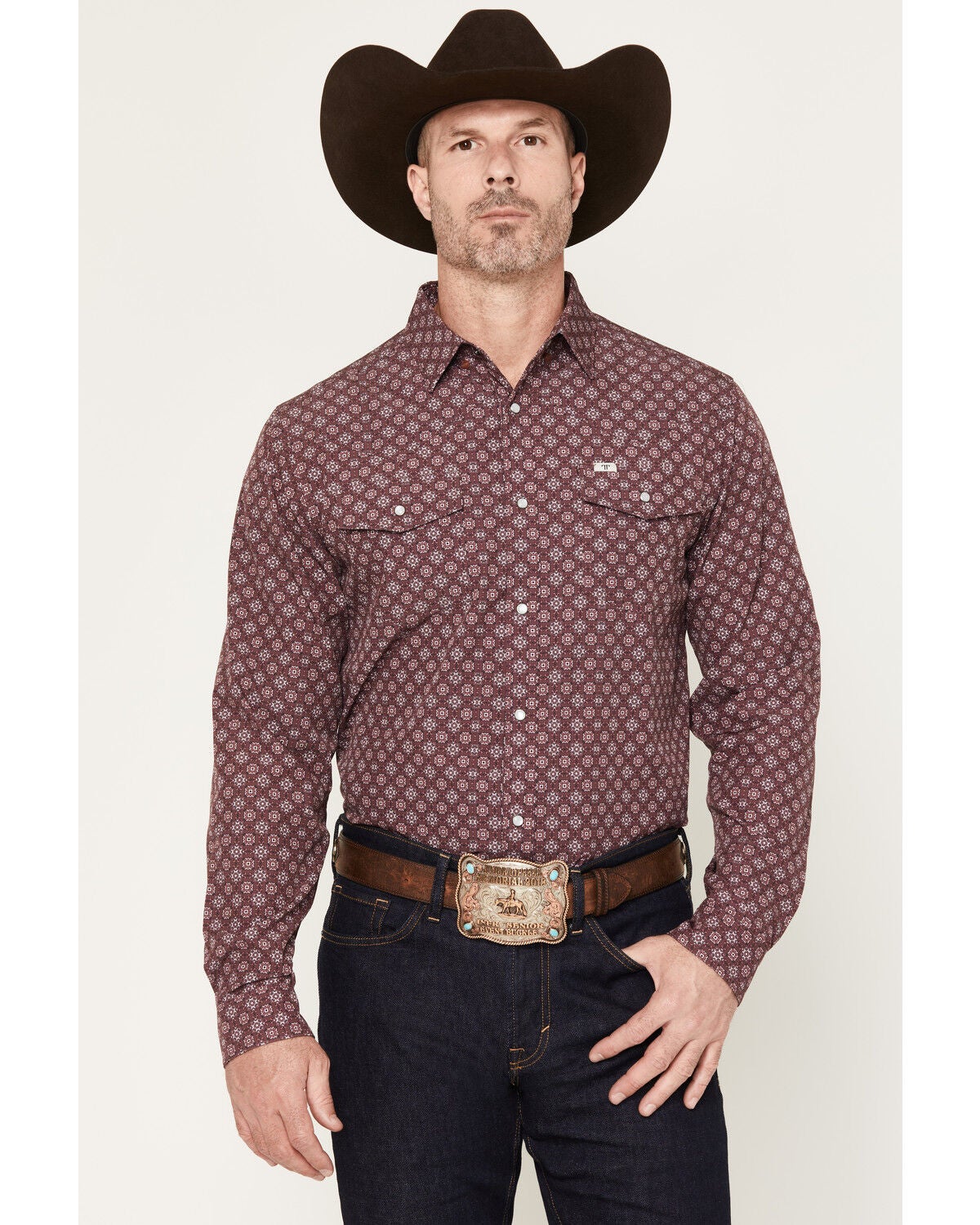Ferrell Men's Sutton Tek Medallion Print Long Sleeve Pearl Snap Stretch Western Shirt, Burgundy, hi-res