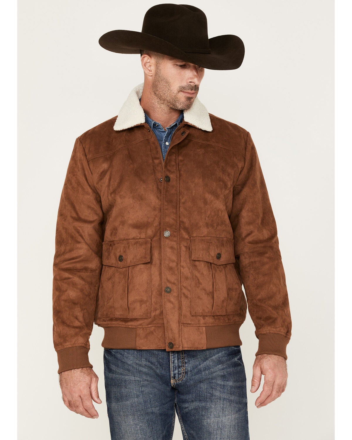Cody James Men's Edward Faux Suede Sherpa Collar Bomber Jacket, Brown, hi-res