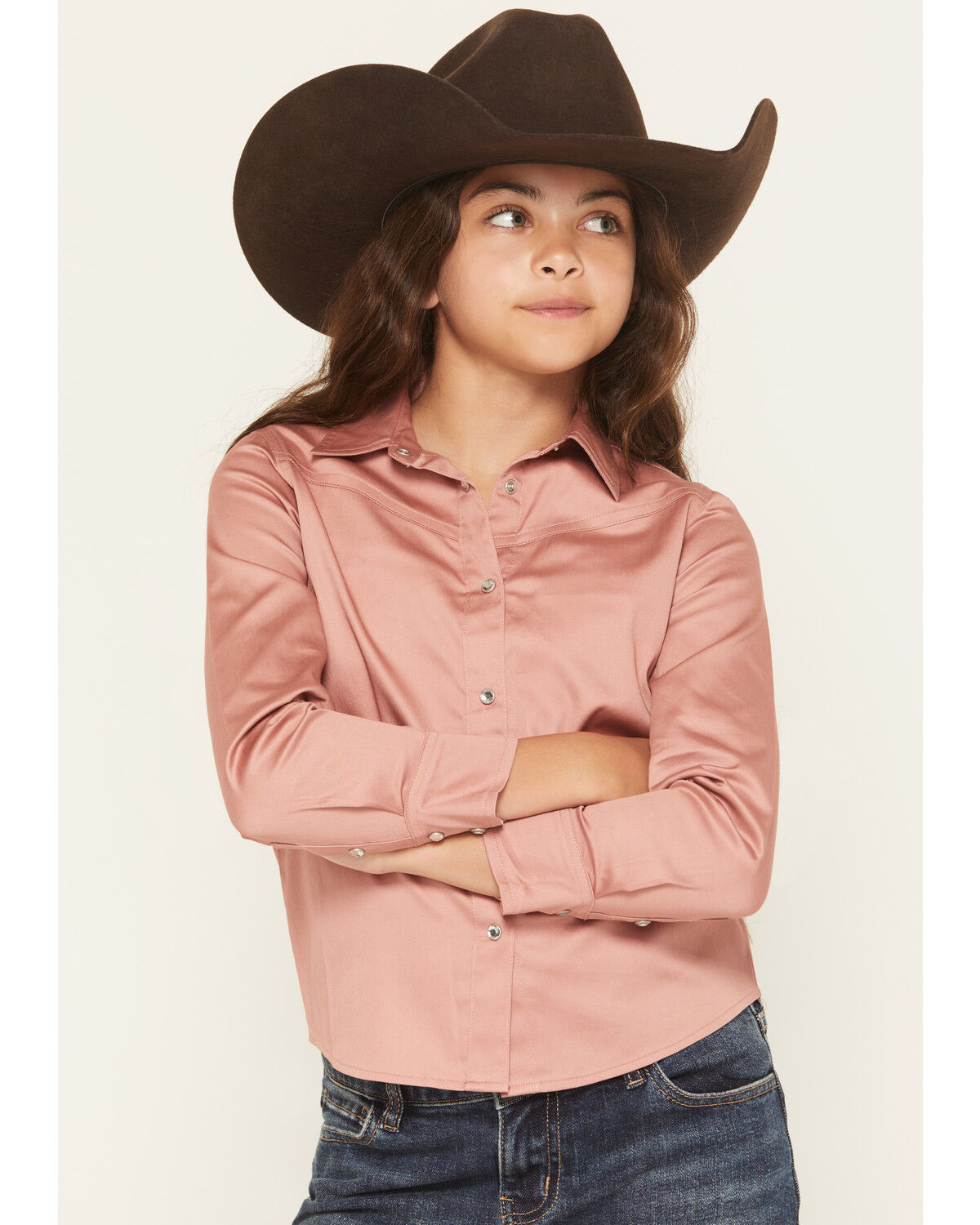 Image #2 - Shyanne Girls' Solid Long Sleeve Rhinestone Snap Stretch Western Shirt, Mauve, hi-res