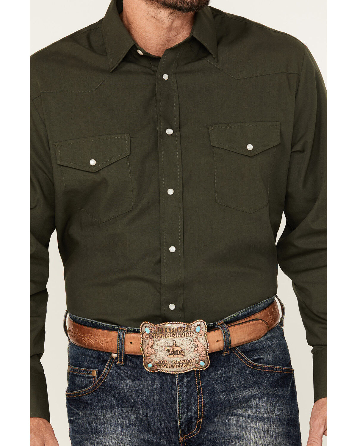 Image #3 - Roper Men's Solid Long Sleeve Pearl Snap Western Shirt, Green, hi-res
