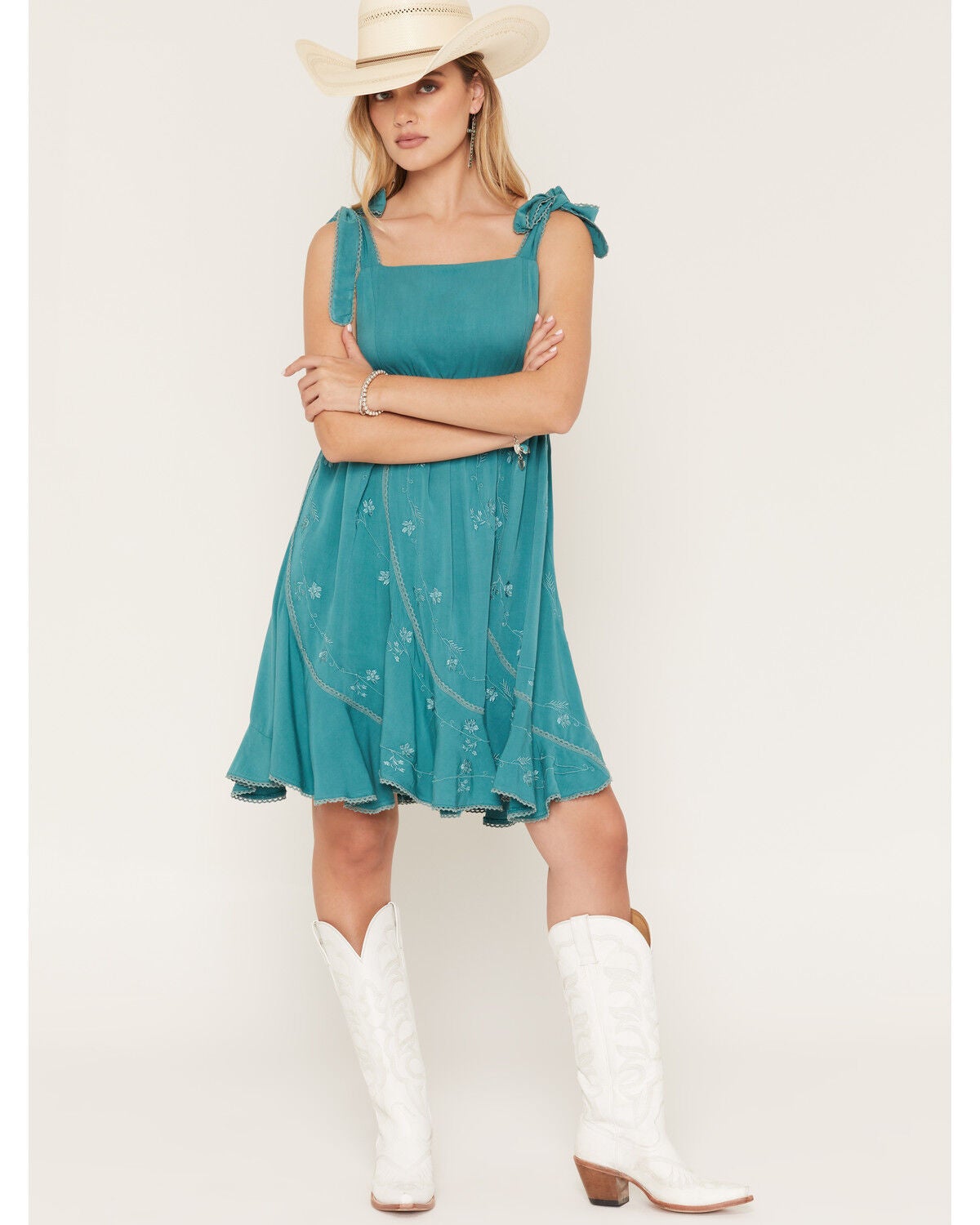 Image #1 - Wild Moss Women's Tie Strap Embroidered Mini Dress, Teal, hi-res