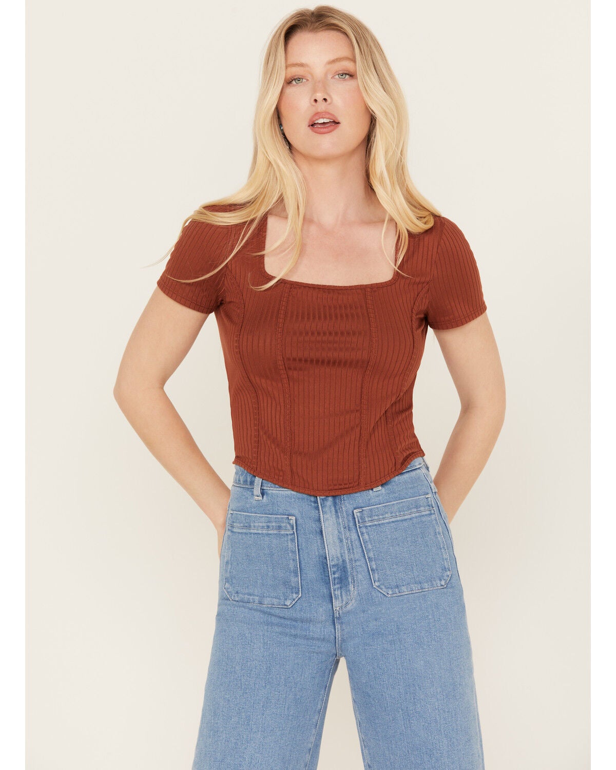 Moa Moa Women's Ribbed Corset Style Short Sleeve Top, Red, hi-res