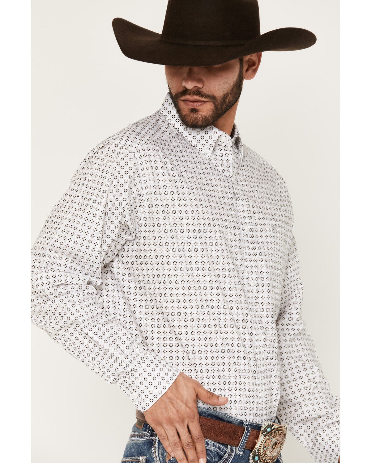 Image #2 - Ariat Men's Boot Barn Exclusive Franz Geo Print Long Sleeve Button-Down Western Shirt - Big, White, hi-res