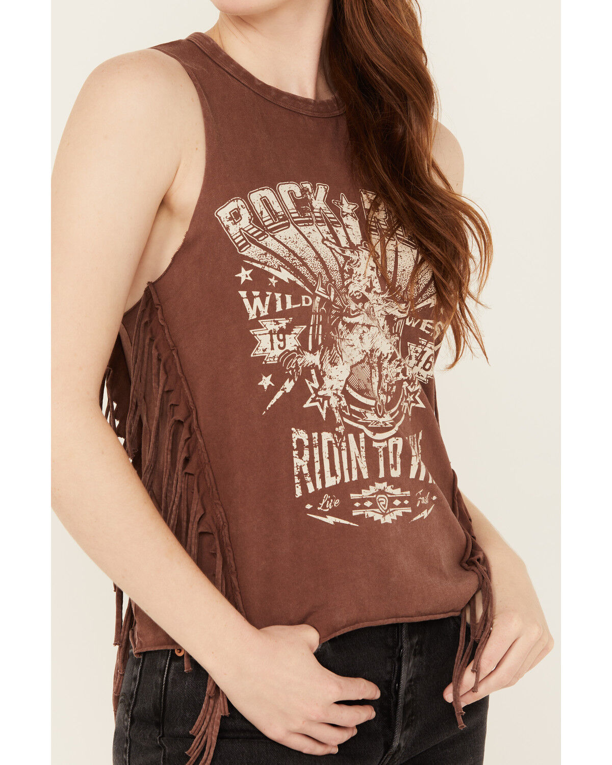 Image #3 - Rock & Roll Denim Women's Riding to Win Fringe Graphic Sleeveless Tank, Brown, hi-res
