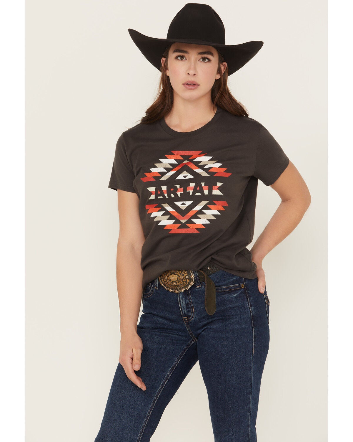 Ariat Women's Southwestern Logo Short Sleeve Tee, Black, hi-res