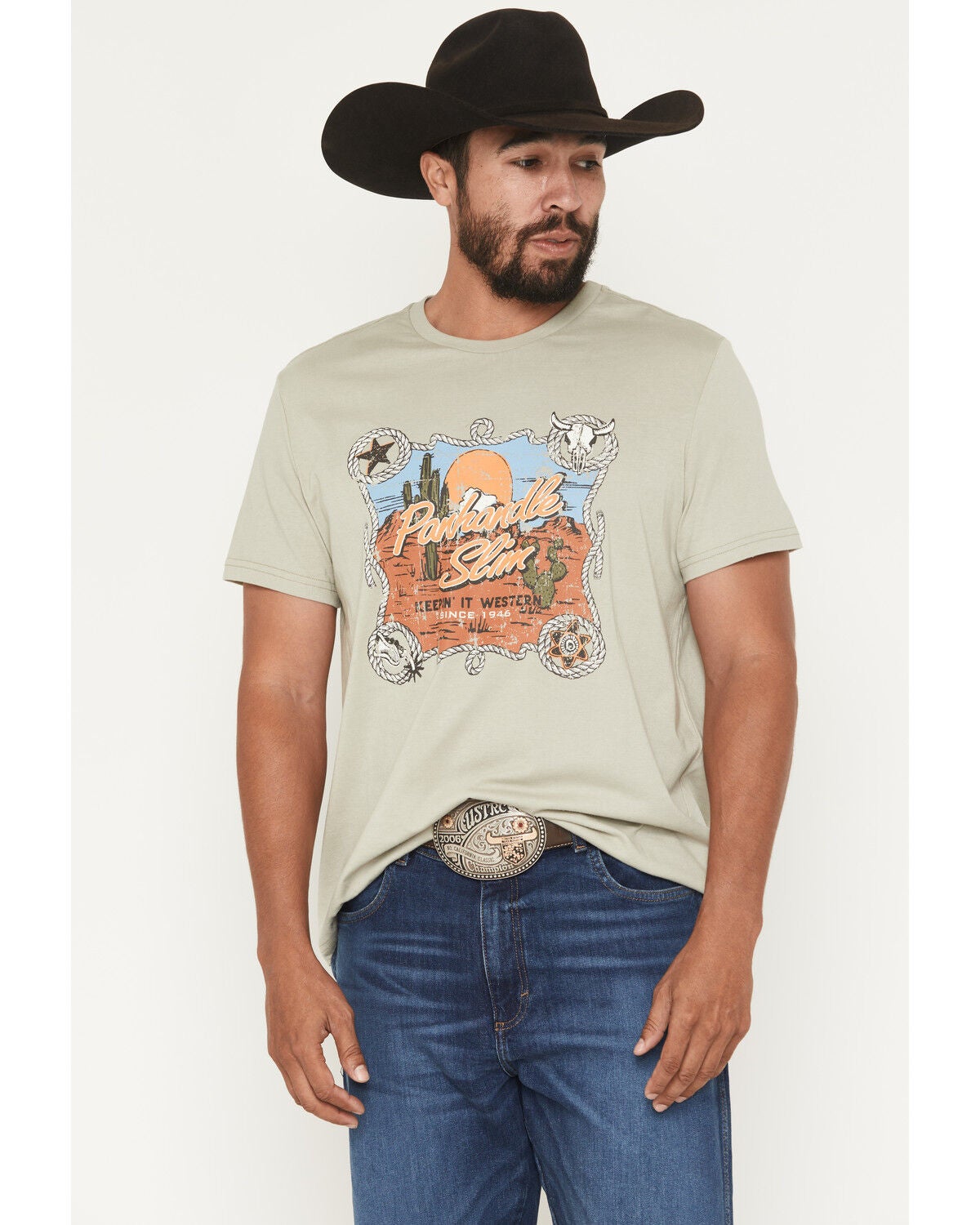 Image #1 - Panhandle Slim Men's Logo Short Sleeve Graphic T-Shirt, Sage, hi-res