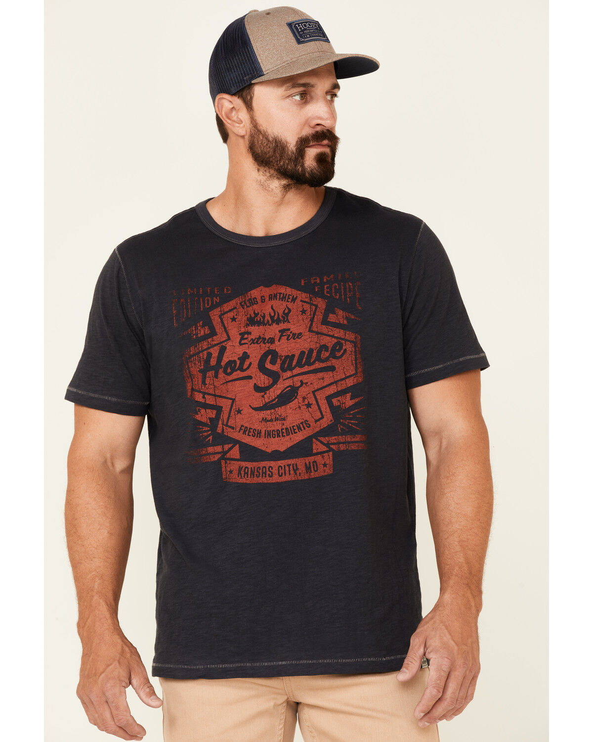 Image #1 - Flag & Anthem Men's Navy Fire Hot Sauce Graphic Slub Short Sleeve T-Shirt, Navy, hi-res